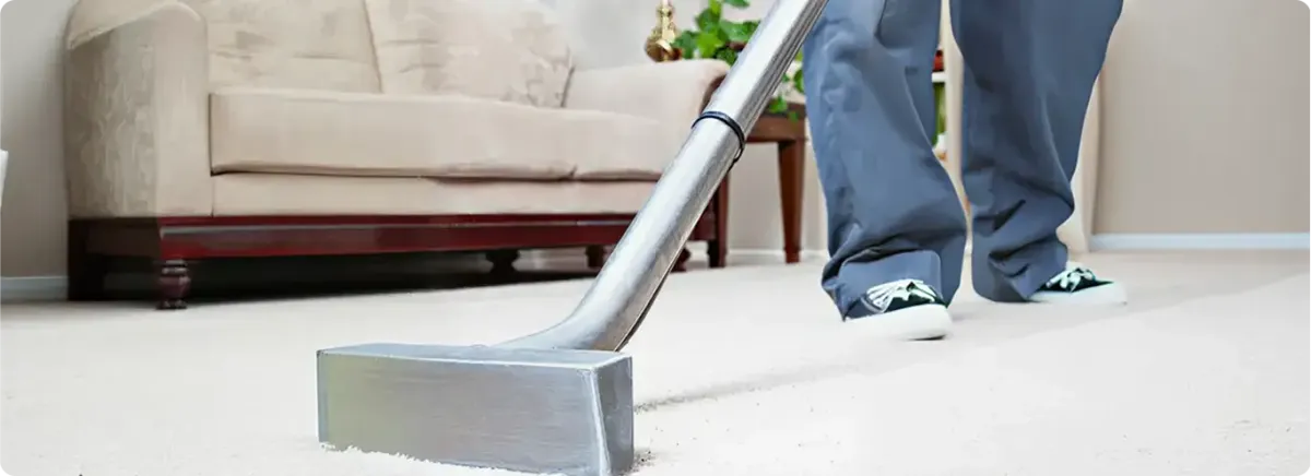 Carpet cleaning technician using a hot-water extraction wand on a light-colored carpet in a living room, Orlando, FL.